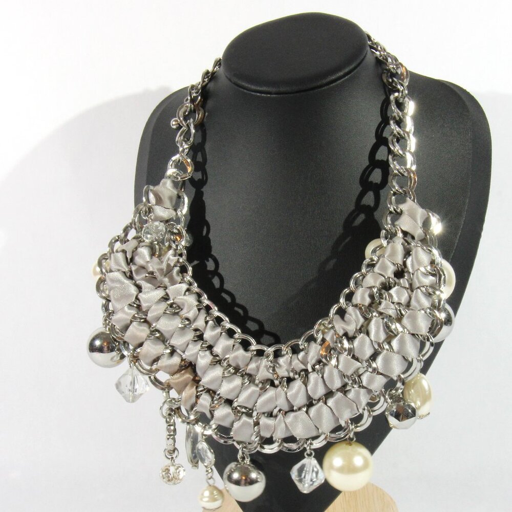 Chico's Silver Tone and Grey Fabric, Faux Pearls and Rhinestones Necklace - Picture 7 of 10